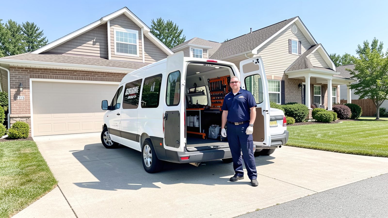 A mobile mechanic service van parked in a residential driveway